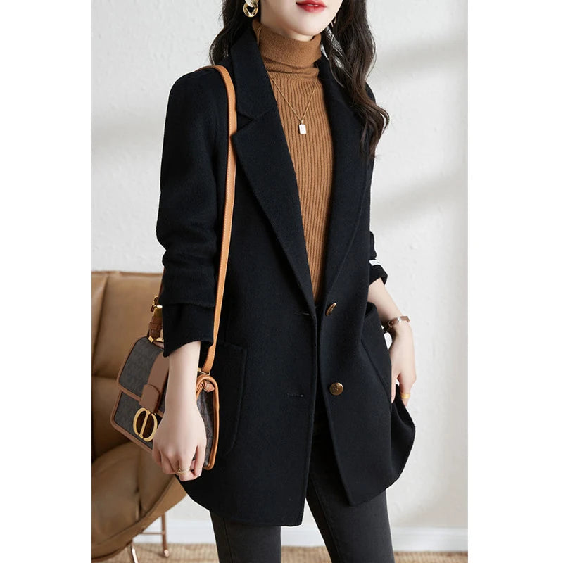 Women Fashion Lace Up Elegant Woolen Thick Blazers Jacket Office