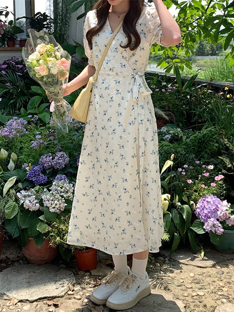 Short Sleeve V-Neck A Line Vintage Style Floral Long Maxi Dress