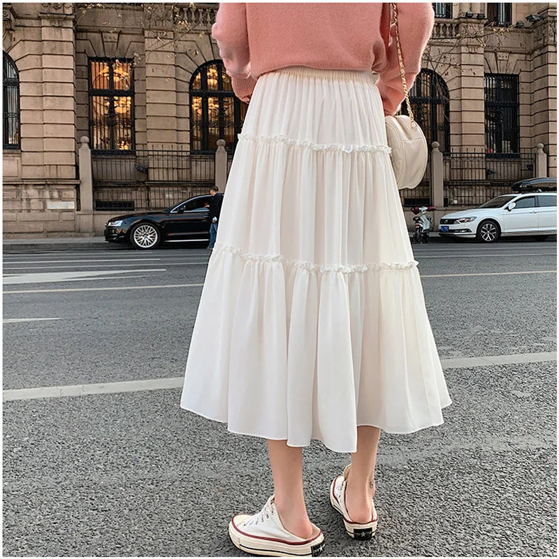 Women's Casual Solid Midi Long Skirts Fashion High Waist Chiffon