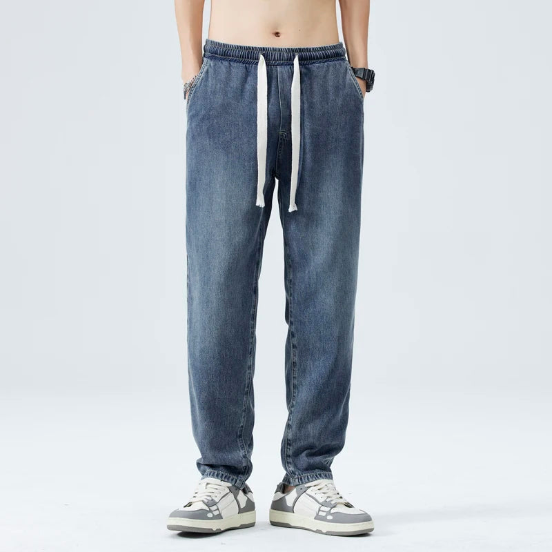 Men's Jeans Thin Loose Taper Pants Elastic Waist Drawstring Casual Trousers