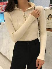 Knitted Women Zipper High Neck Sweater Pullovers Basic Sweaters