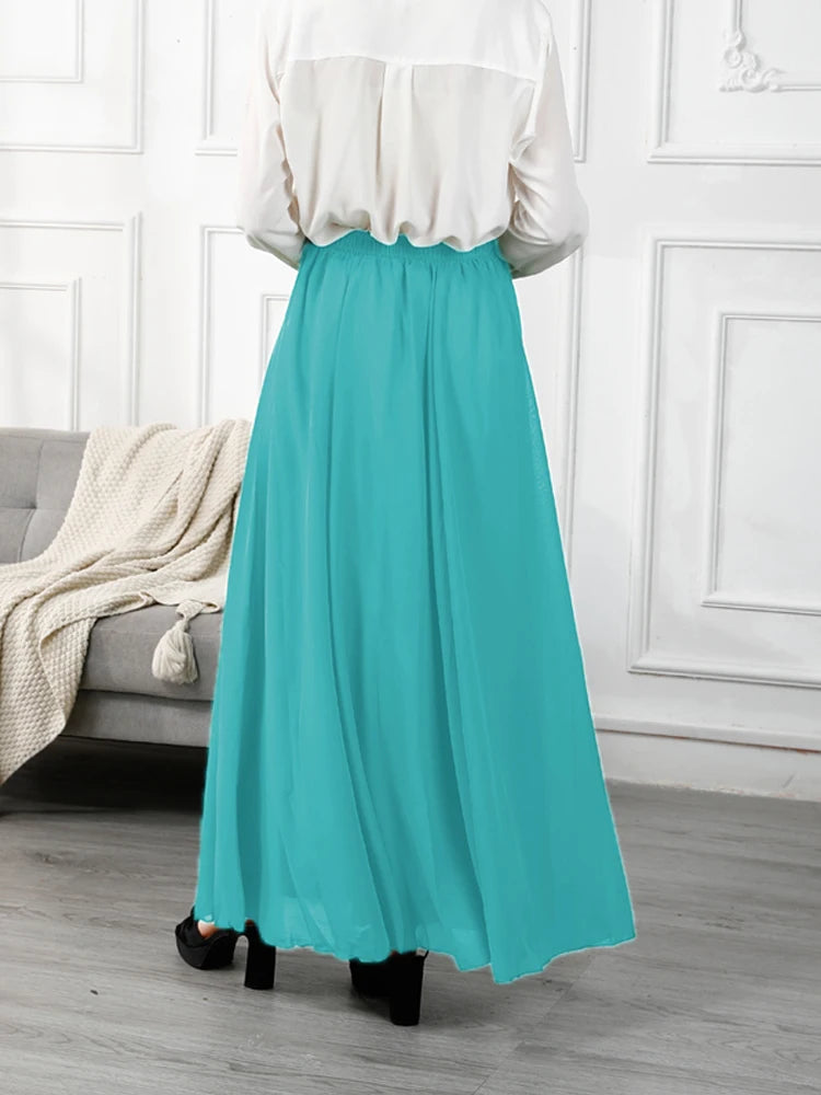 Candy Color Chiffon Long Skirts for Y2k Kawaii Elastic High Waist