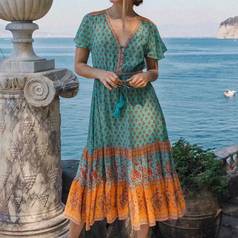 Floral Print Bat Sleeve Beach Bohemian Maxi Dresses