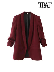 Fashion Office Wear Open Blazer Coat Vintage Long Pleated