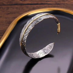 Vintage Feather Silver Color Open Cuff Bracelet