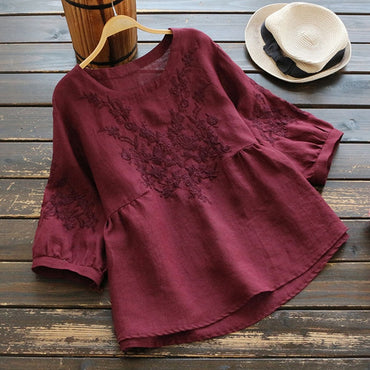 Simple Embroidery Blouse   Short Sleeve Solid Color O Neck