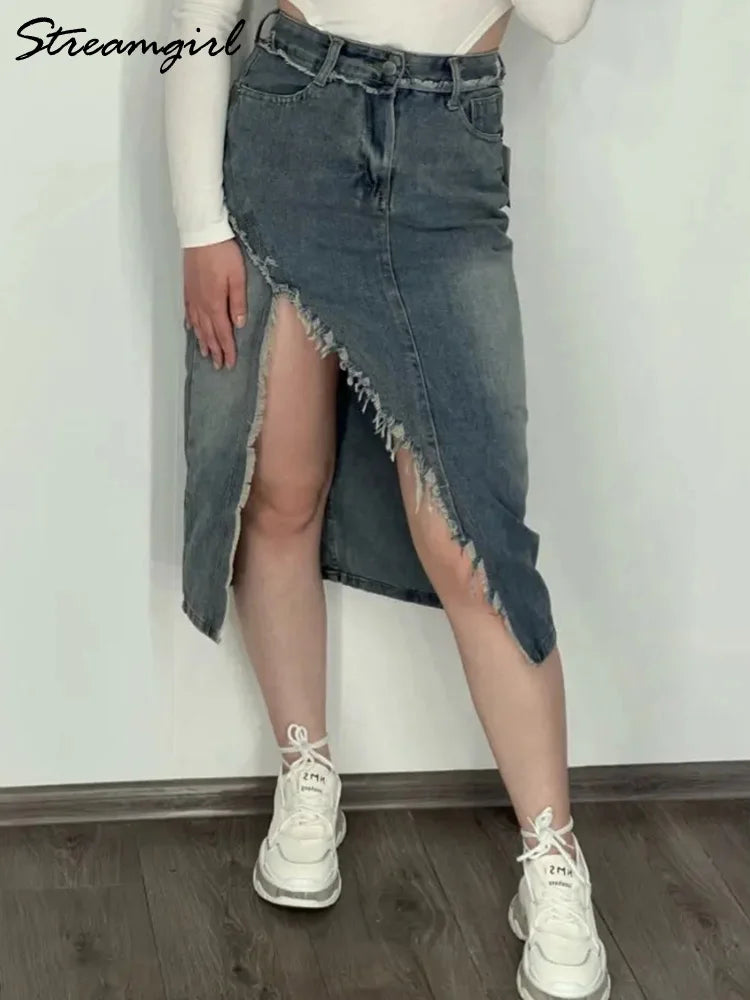 Irregular Split Denim Skirts For Women Midi Casual Denim Skirt