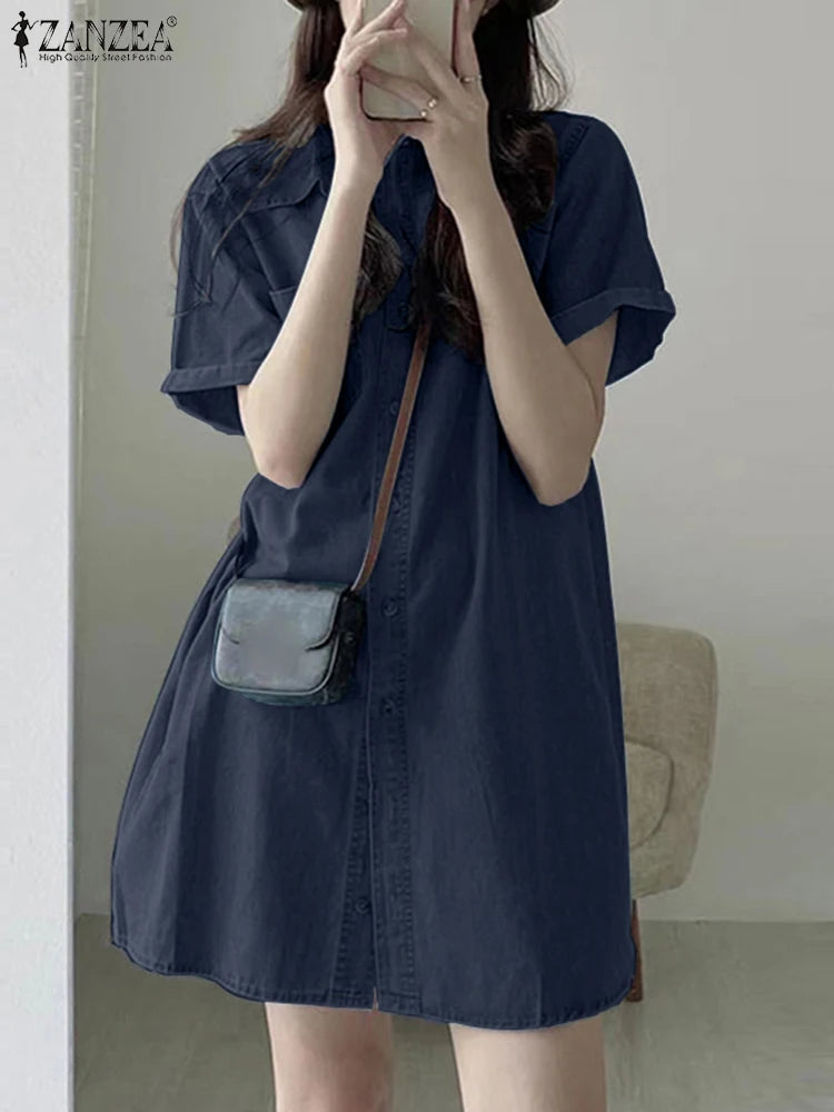 Fashion Denim Shirt Lapel Neck Short Sleeve Sundress