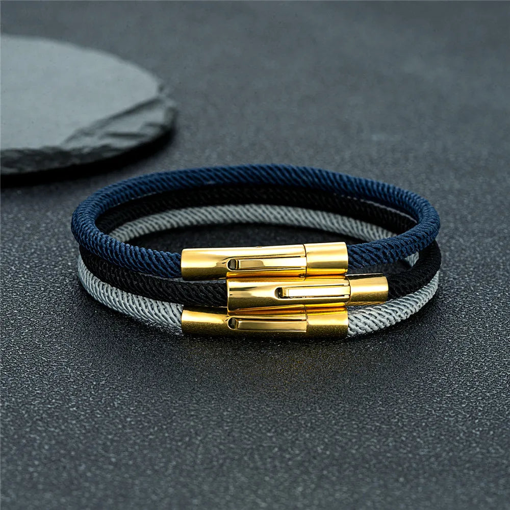 Plated Stainless Steel Snap Clasp Rope Bracelet Minimalist