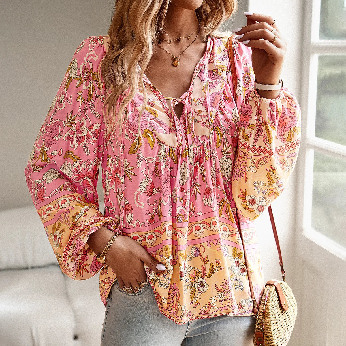 Cotton Rayon Floral Printed Blouses Shirts