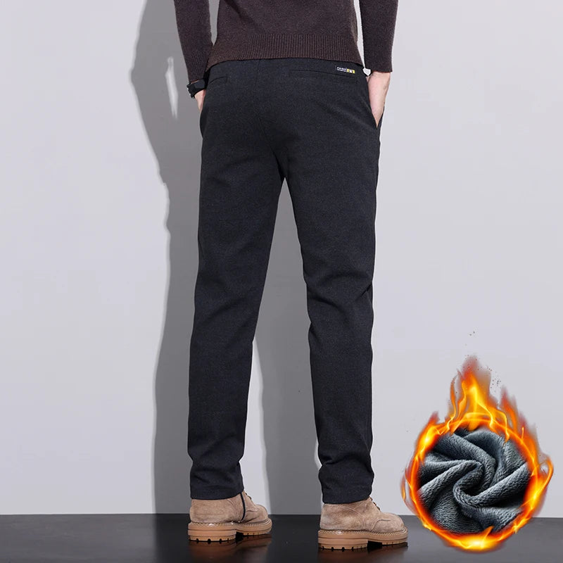 Casual Pants Thickened Warm Slim Straight Elastic Waist Black Business