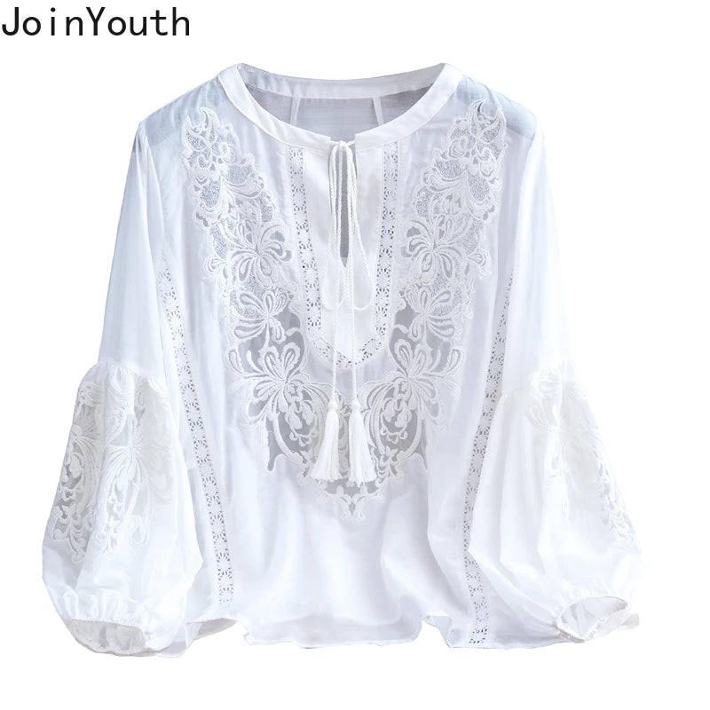 Blouses Clothing Embroidery Lantern Sleeve Shirts Loose Lace White Tops
