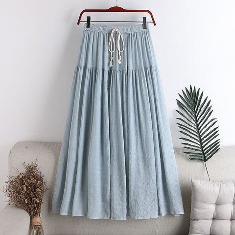 Linen Pleated Skirt Women Drawstring Elastic High Waist Long Skirts Daily A-line Skirt