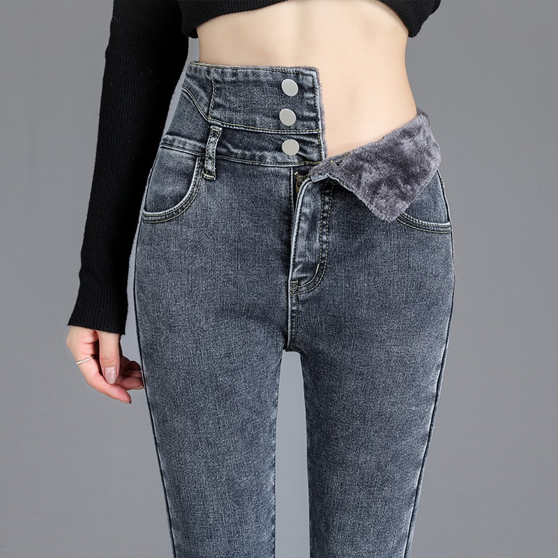 Thick Fleece High-waist Jeans Thick Women Button Pencil Pants Jeans