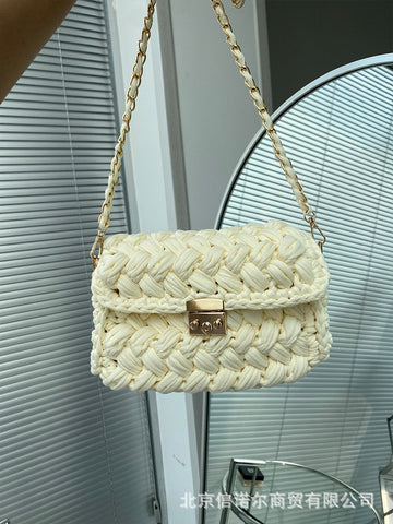Women Bag Crochet Woven Bag Hand Chain Lock Crossbody Single Shoulder Bag