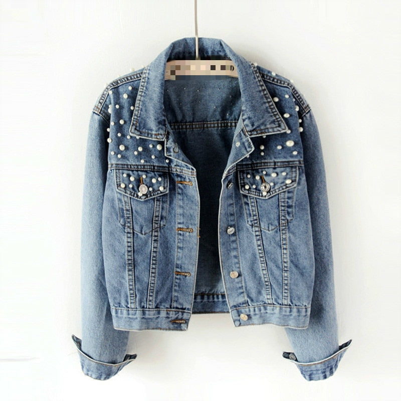 Women’s Denim Jacket Full Sleeve Loose Button Pearls Short Lapel Wild