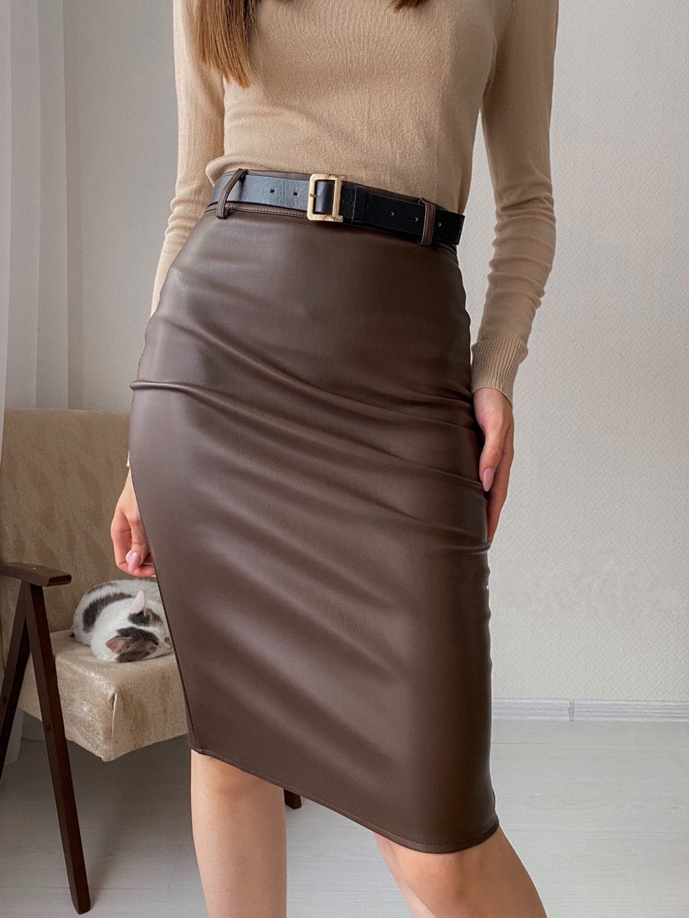 Wrap Midi Skirts with Belted Women High Waist Sheath Pencil Skirts