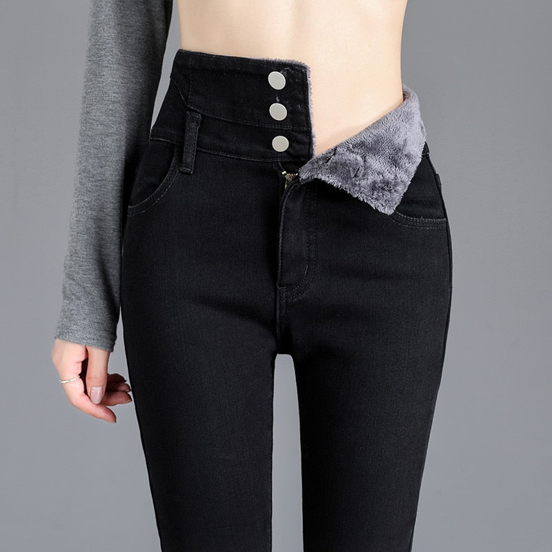 Thick Fleece High-waist Jeans Thick Women Button Pencil Pants Jeans