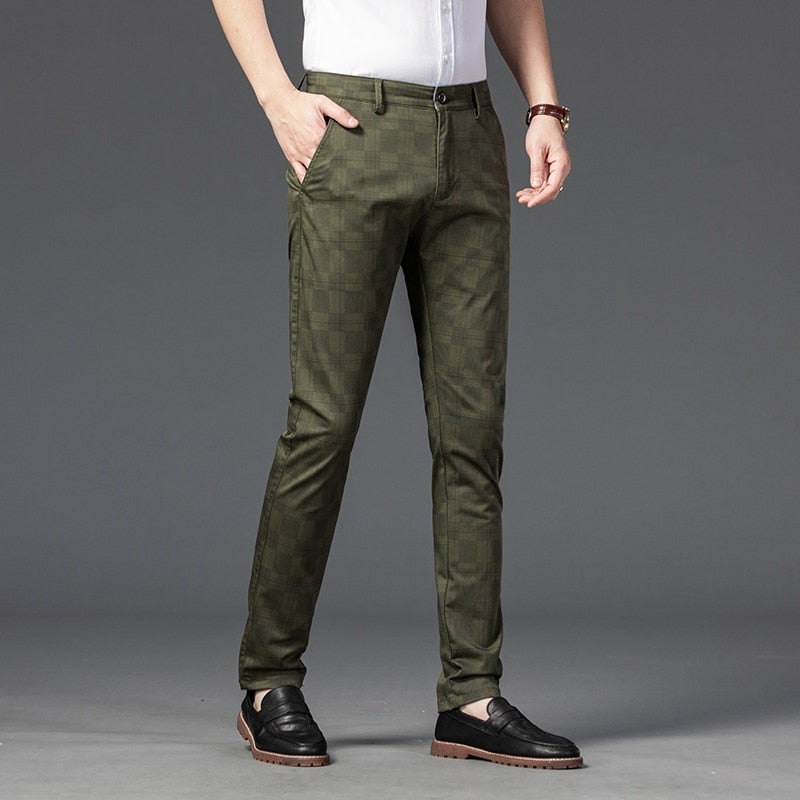 Men Plaid Casual Pants Business Cotton Stretch Straight Trousers