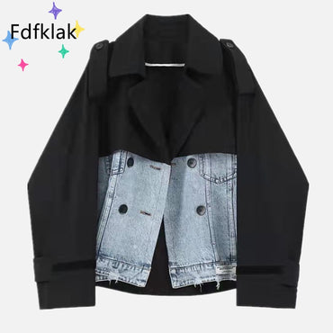 Denim Stitching Fake Two Pieces Short Jacket Women Double-Breasted Loose Jacket