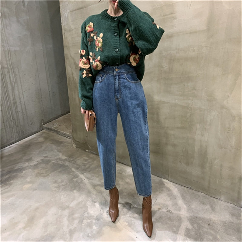 Women Jeans Pants High Waist Loose Buttons Trousers