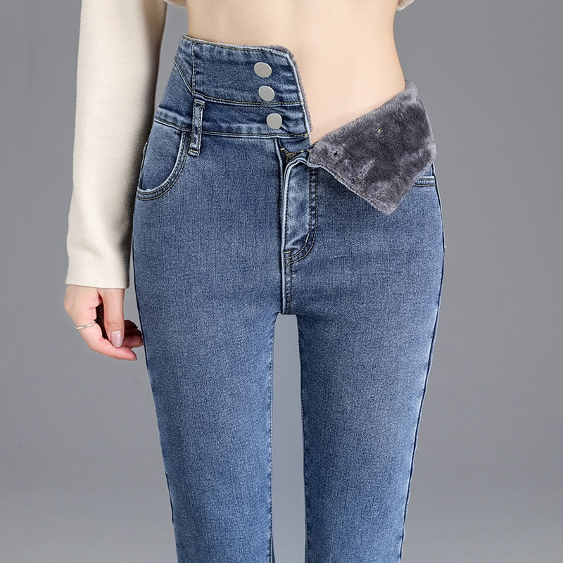 Thick Fleece High-waist Jeans Thick Women Button Pencil Pants Jeans