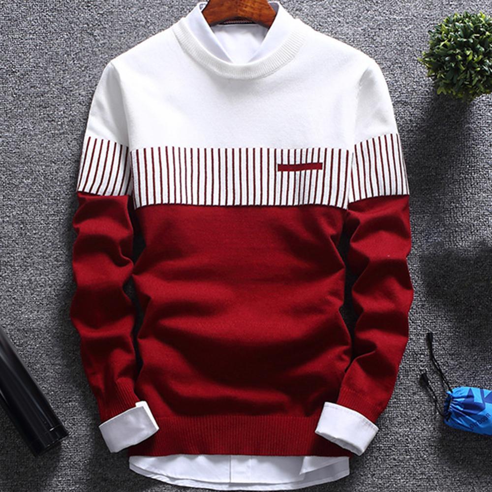 Men Color Block Patchwork O Neck Long Sleeve Knitted Top Blouse Warm Sweater