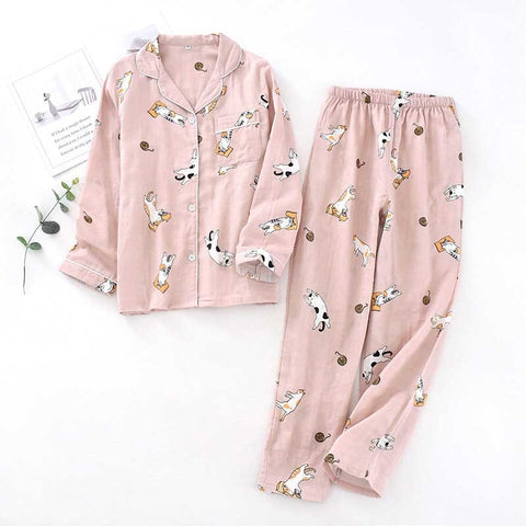 Pajamas Set 100% Gauze Cotton Turn-down Neck Shirt+Pants Comfort Women