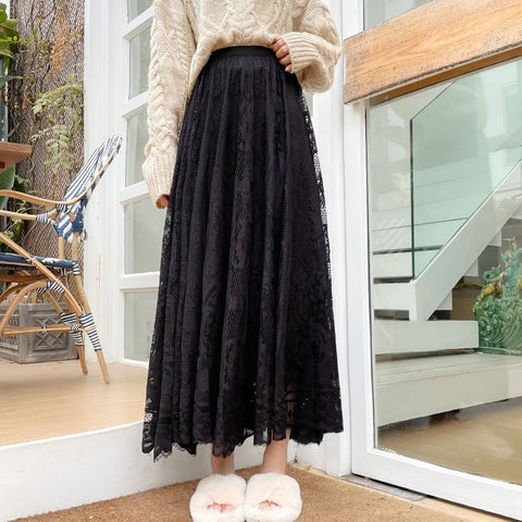 Long Maxi Skirts Women Princess Style Elastic High Waisted A-Line Floral Lace Skirt