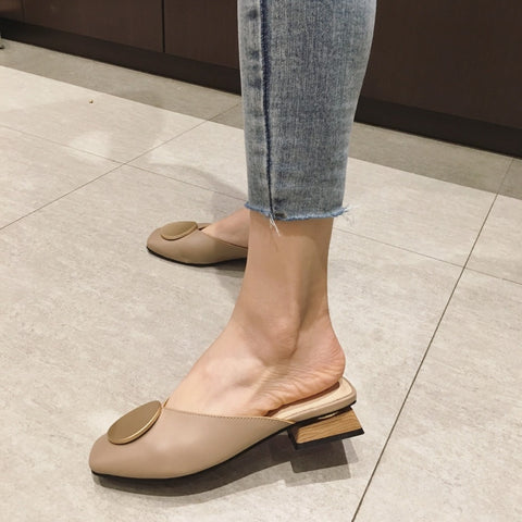 Designer Women Slippers Slip On Flat Heel Buckle Slides Wooden Block Heels