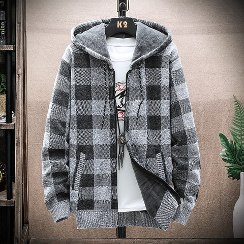 Hooded Men Sweater with Thick and Velvet Cardigan Knitted Sweater Coat Grid Jacket