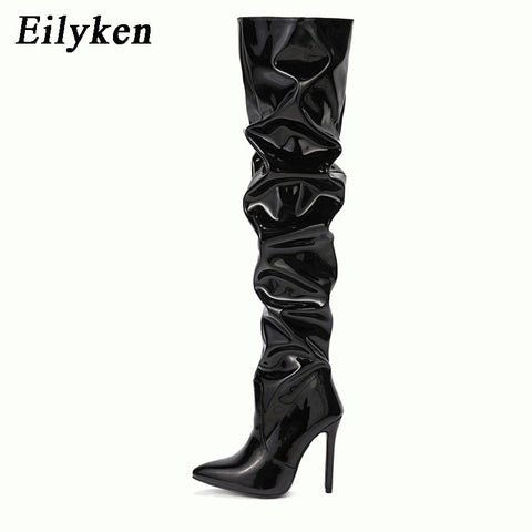 Motorcycle Over The Knee Boots Women Pointed Toe Zip Thigh High Shoes