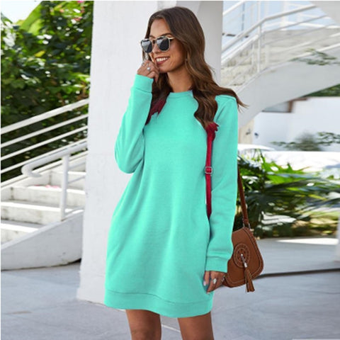 O Neck Long Sleeve Women Sweatshirt Dress Loose Pocket Mini Dresses