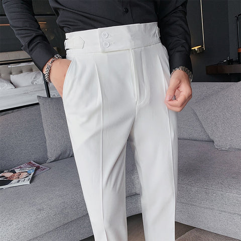 Men High Waist Trousers Business Pants Belt Straight Slim
