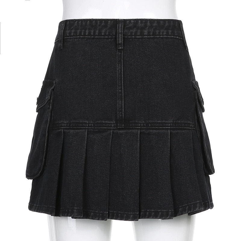 Jeans Mini Skirt Goth Denim Pleated Skirts with Big Pockets Women High Waist