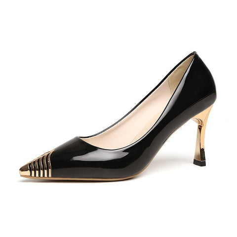 Women Pumps Gold Metal Toe High Heels Dress Shoes Heeled Basic Boat