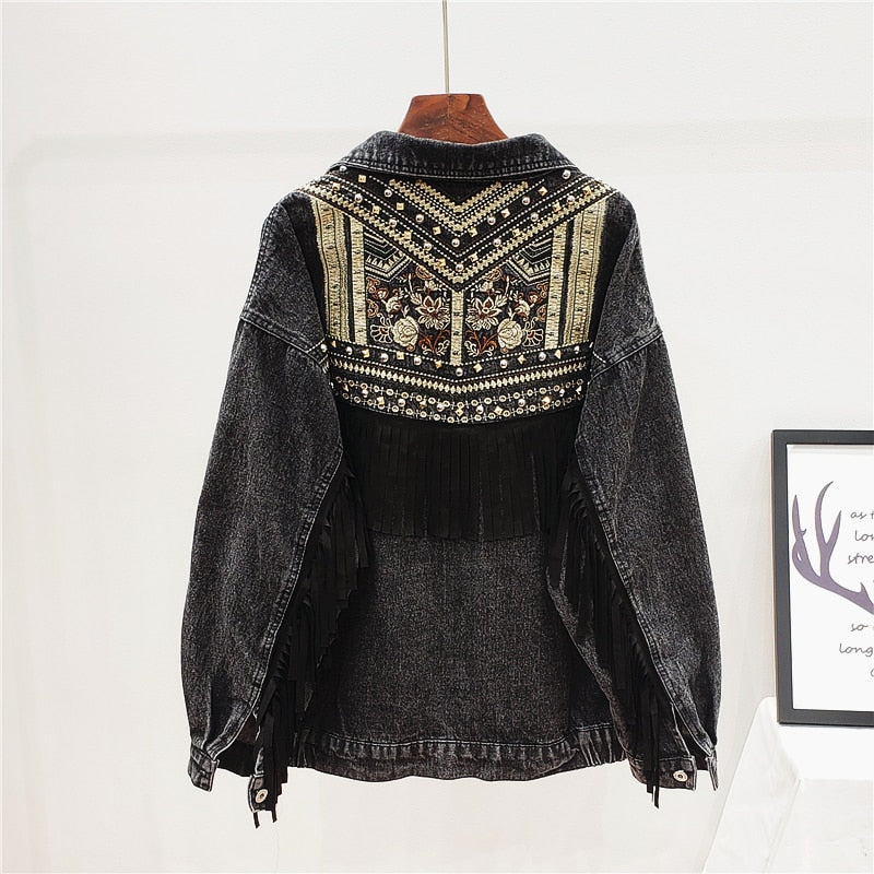 Women Denim Jacket Floral Embroidery Suede Fringe Loose Long Sleeve Jean Jacket