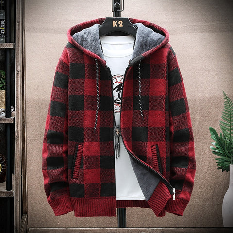 Hooded Men Sweater with Thick and Velvet Cardigan Knitted Sweater Coat Grid Jacket