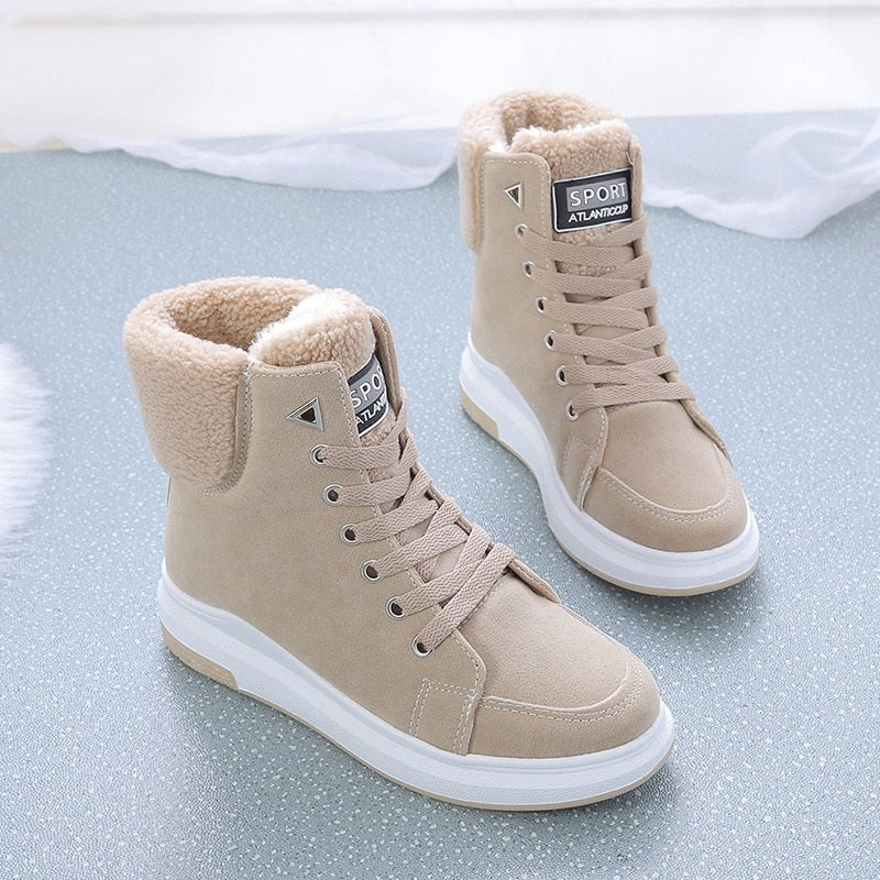 Boots Women Ankle Boots Warm Plush Sneakers Flats Lace Up Shoes Short Snow