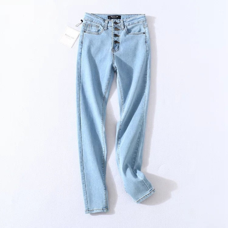 Four Buttons High Waist Pencil Jeans Women Slim Fit Pants Trousers