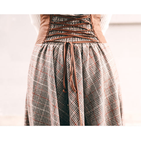 High Waisted Button Design Lace-Up Corset Skirt Women Thick A-Line Long Maxi Wool Skirts