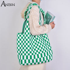 Women Checkered Shoulder Bag Woolen Knitted Classic Color Bags Tote