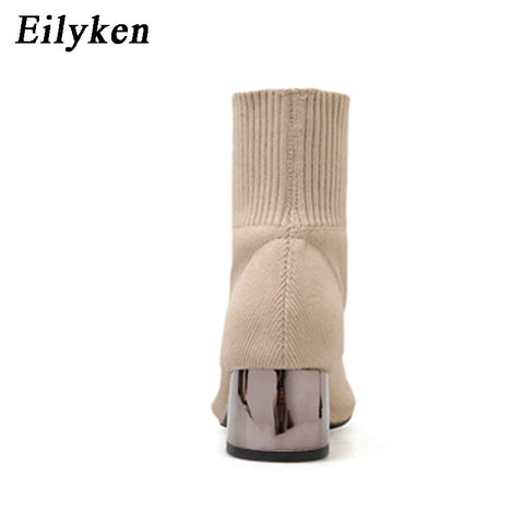 Knitted Socks Women Boots Low Heel Short Boots Pointed Toe Ankle