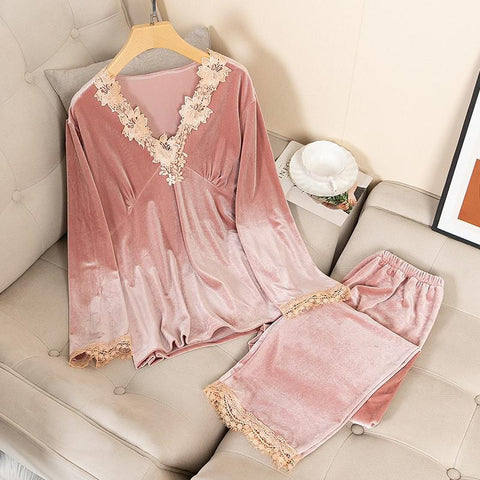Pajamas Women Sleepwear Long Sleeve Nightwear Suit Loose Lace Trim Sleep Set