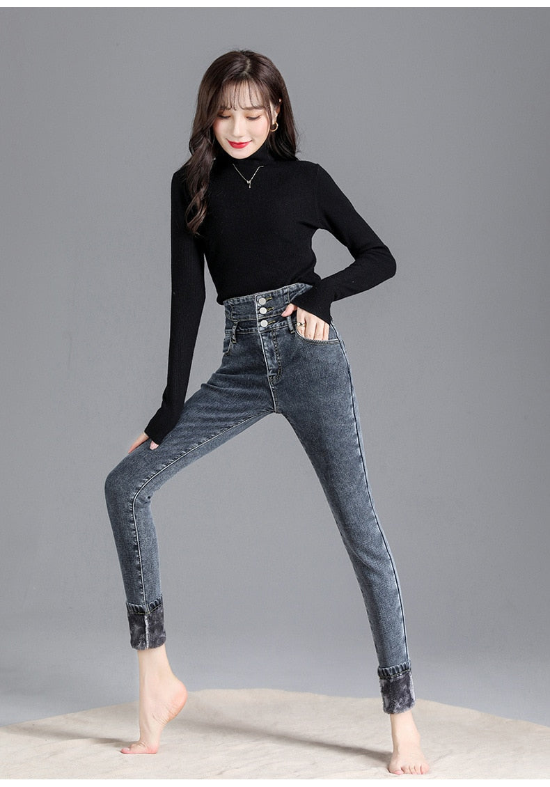 Thick Fleece High-waist Jeans Thick Women Button Pencil Pants Jeans