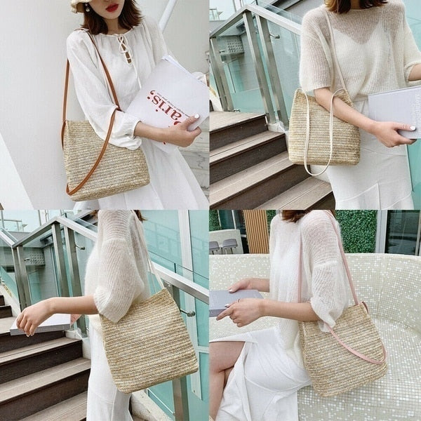 Women Handbag Beach Bag Woven Handmade Knitted Straw Totes Shoulder Bag