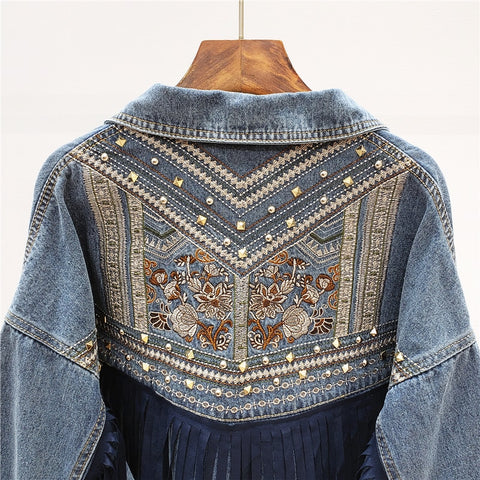 Women Denim Jacket Floral Embroidery Suede Fringe Loose Long Sleeve Jean Jacket