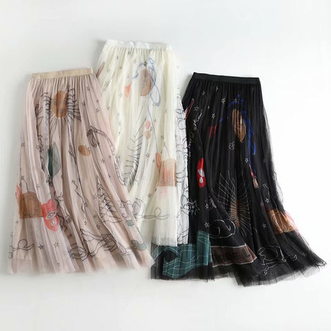 Floral High-waisted A-line Mesh Skirt Midi Long Skirts Women Sweet Tulle Skirt