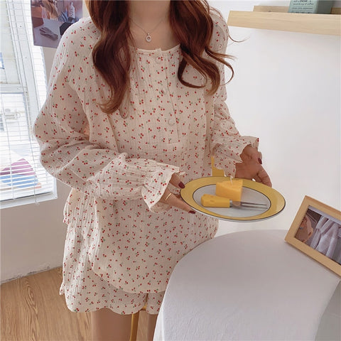 Pajama Cotton Yarn Sleepwear Set Long Sleeve Top+Shorts Ruffle