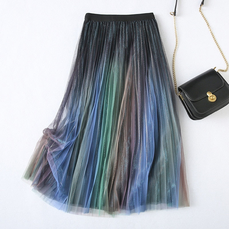 High Elastic Waist Colorful Patchwork Pleated Mesh Half-body Skirt Women Tide